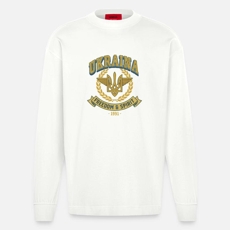 Emblem des ukrainischen Freiheitsgeistes - Heavyweight Oversized Organic Langarmshirt Made in EU - OFF WHITE