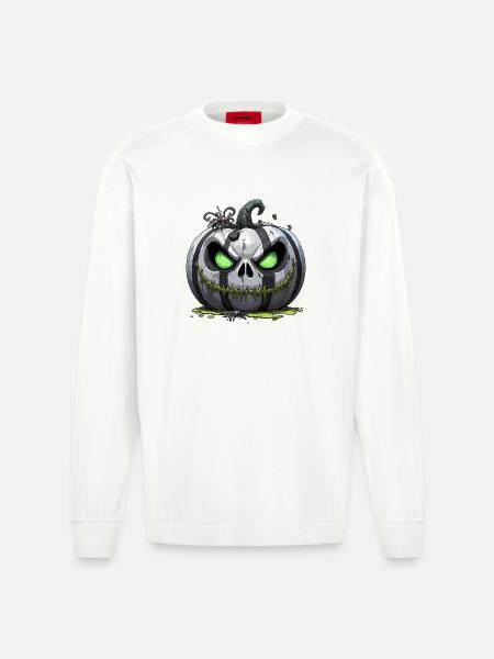 Grim Pumpkin Zombie with Green Eyes - Heavyweight Oversized Organic Longsleeve Shirt Made in EU - OFF WHITE