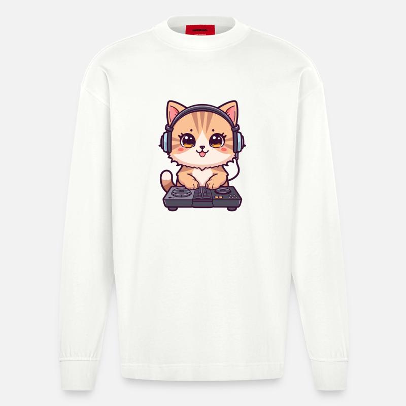 Katze als DJ mit Kopfhörer - Heavyweight Oversized Organic Langarmshirt Made in EU - OFF WHITE