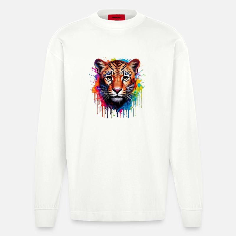 Leopard Farbexplosion Aquarell - Heavyweight Oversized Organic Langarmshirt Made in EU - OFF WHITE