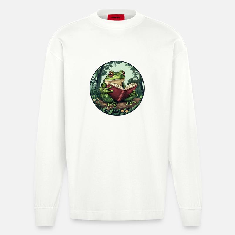 Frosch im Wald liest Buch - Heavyweight Oversized Organic Langarmshirt Made in EU - OFF WHITE