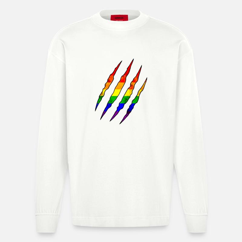 Pride Kralle Regenbogen Statement Kratzspur  - Heavyweight Oversized Organic Langarmshirt Made in EU - OFF WHITE