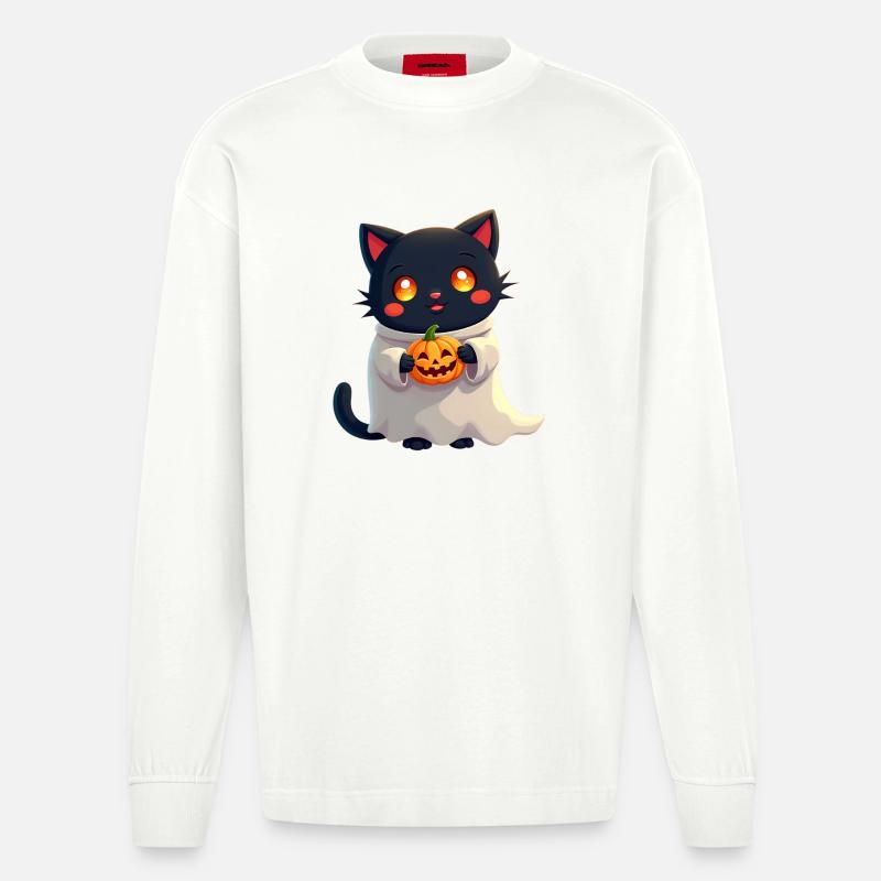 Chat d’Halloween avec citrouille d’Halloween - Manches longues bio épais oversize fabriqué en UE - OFF WHITE
