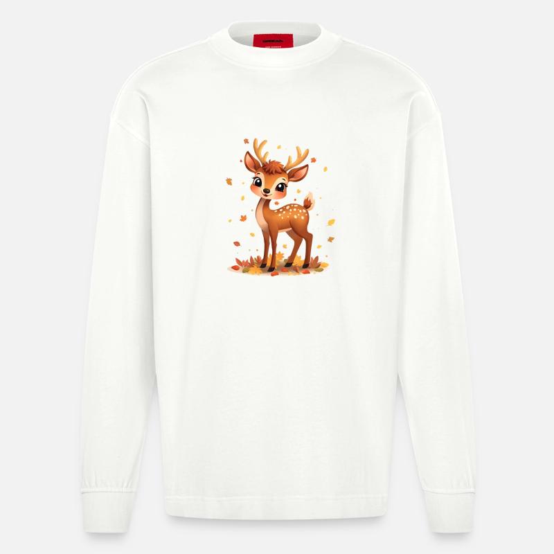 Rehkitz im Herbstlicht und fallenden Blättern - Heavyweight Oversized Organic Langarmshirt Made in EU - OFF WHITE