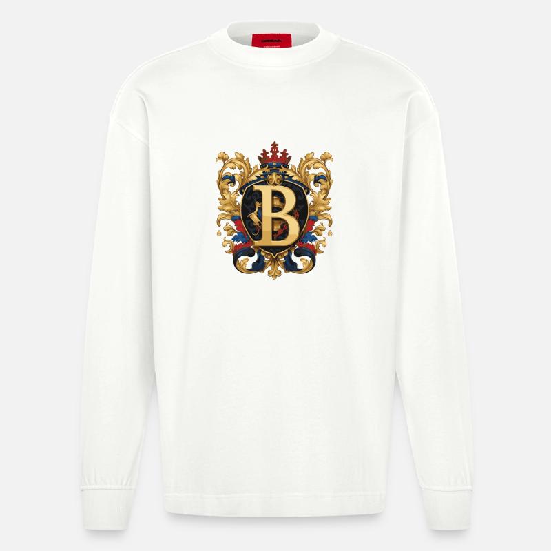 B Buchstabe Name Krone - Heavyweight Oversized Organic Langarmshirt Made in EU - OFF WHITE