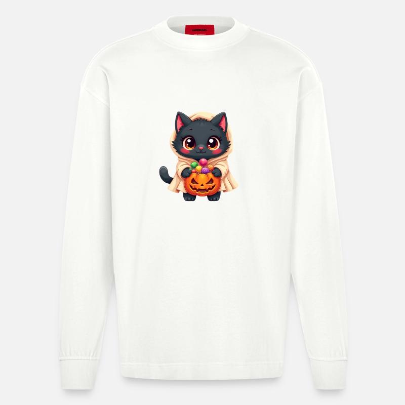 Chat d’Halloween avec citrouille d’Halloween - Manches longues bio épais oversize fabriqué en UE - OFF WHITE