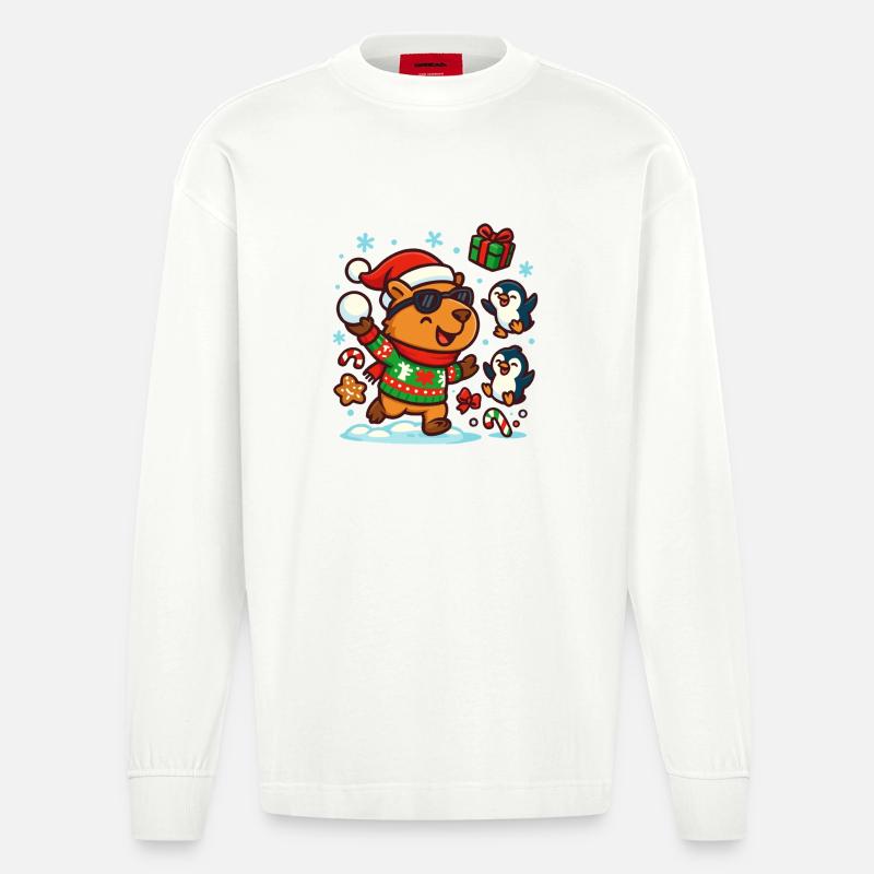 Fröhliches Capybara mit Pinguinen – Lustig - Heavyweight Oversized Organic Langarmshirt Made in EU - OFF WHITE