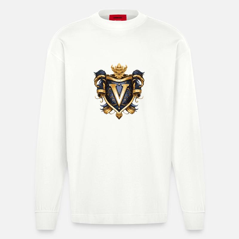V Buchstabe Name Krone - Heavyweight Oversized Organic Langarmshirt Made in EU - OFF WHITE