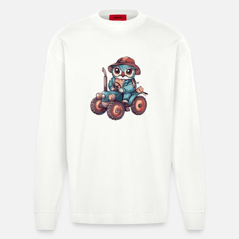 Eule Traktor Farmer - Heavyweight Oversized Organic Langarmshirt Made in EU - OFF WHITE