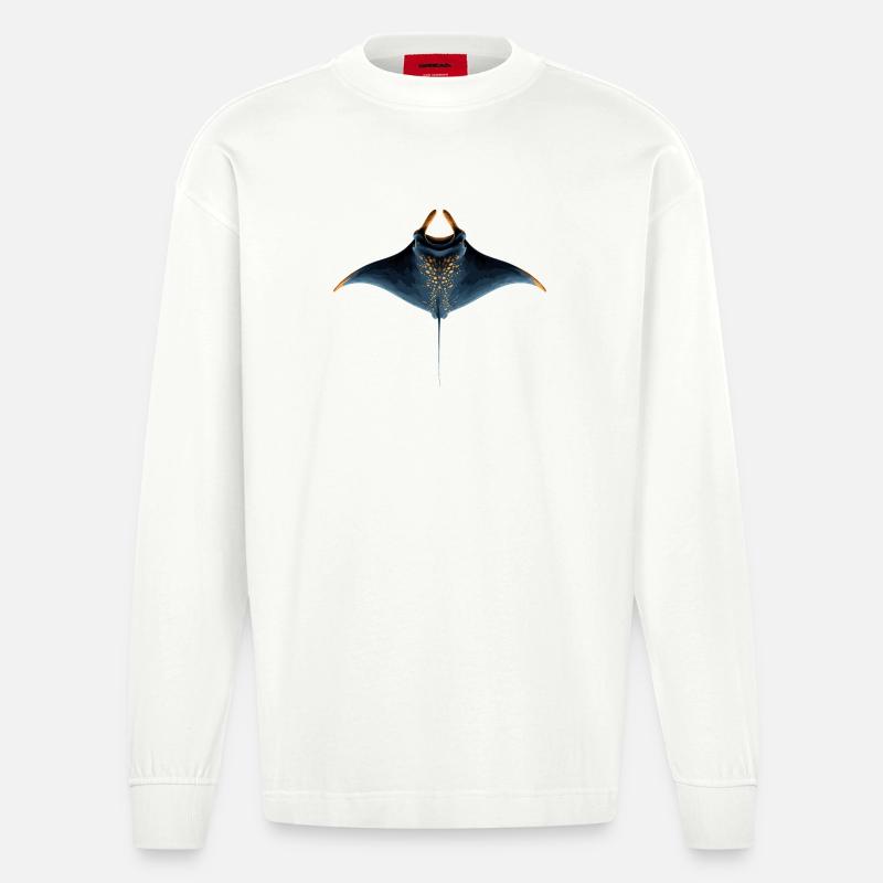 Manta Ray, Devil Ray, Stingray, Diver - Heavyweight Oversized Organic Longsleeve Shirt Made in EU - OFF WHITE
