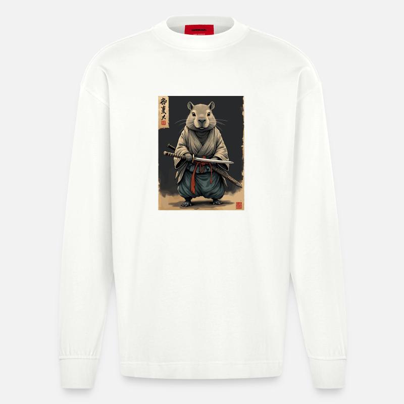 Cappibara-Samurai mit Katana - Heavyweight Oversized Organic Langarmshirt Made in EU - OFF WHITE