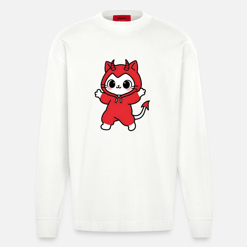 Cat Devil Kapuzenpullover Rot - Heavyweight Oversized Organic Langarmshirt Made in EU - OFF WHITE