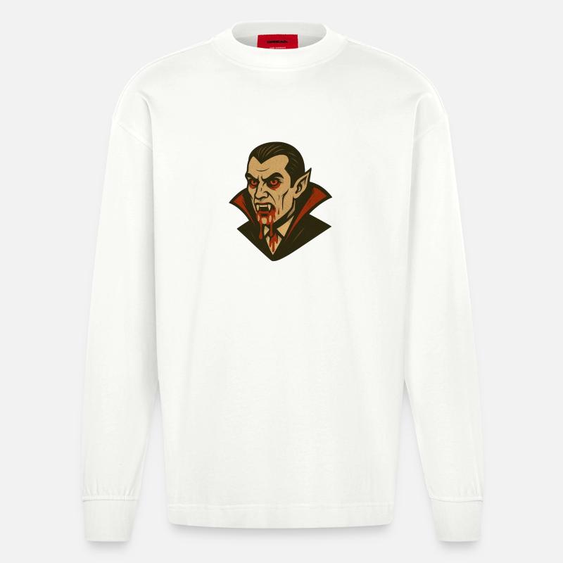 Vampir Dracula Illustration Retro-Stil Halloween - Heavyweight Oversized Organic Langarmshirt Made in EU - OFF WHITE