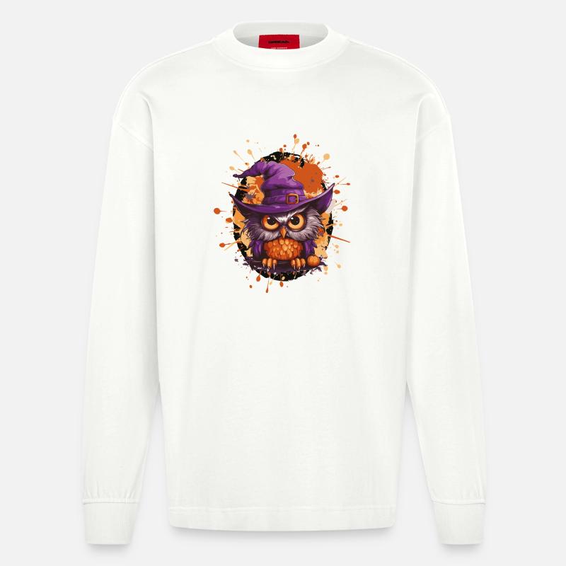 Owl Magic with Witch Hat - Heavyweight Oversized Organic Longsleeve Shirt Made in EU - OFF WHITE
