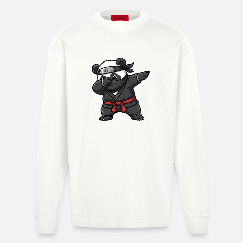 Ninja Panda Samurai Japan Tradition  - Heavyweight Oversized Organic Langarmshirt Made in EU - OFF WHITE
