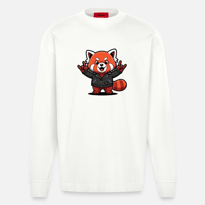 Roter Panda in Lederjacke - Heavyweight Oversized Organic Langarmshirt Made in EU - OFF WHITE