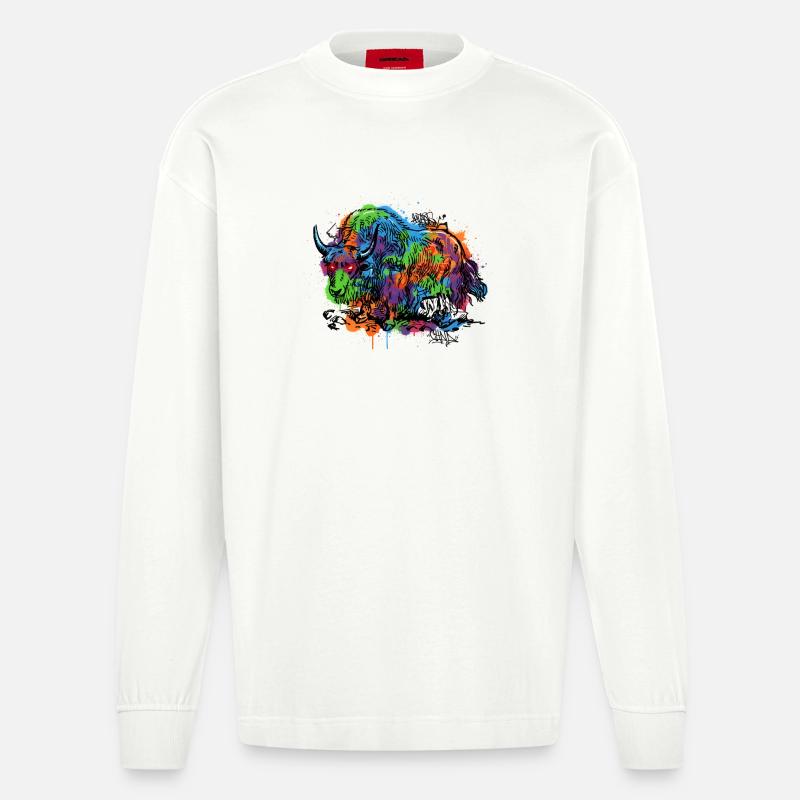 Regenbogenyak Graffiti Muster - Heavyweight Oversized Organic Langarmshirt Made in EU - OFF WHITE