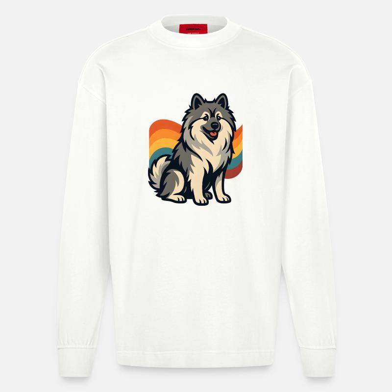 Deutscher Spitz Hund im Regenbogen Hintergrund - Heavyweight Oversized Organic Langarmshirt Made in EU - OFF WHITE