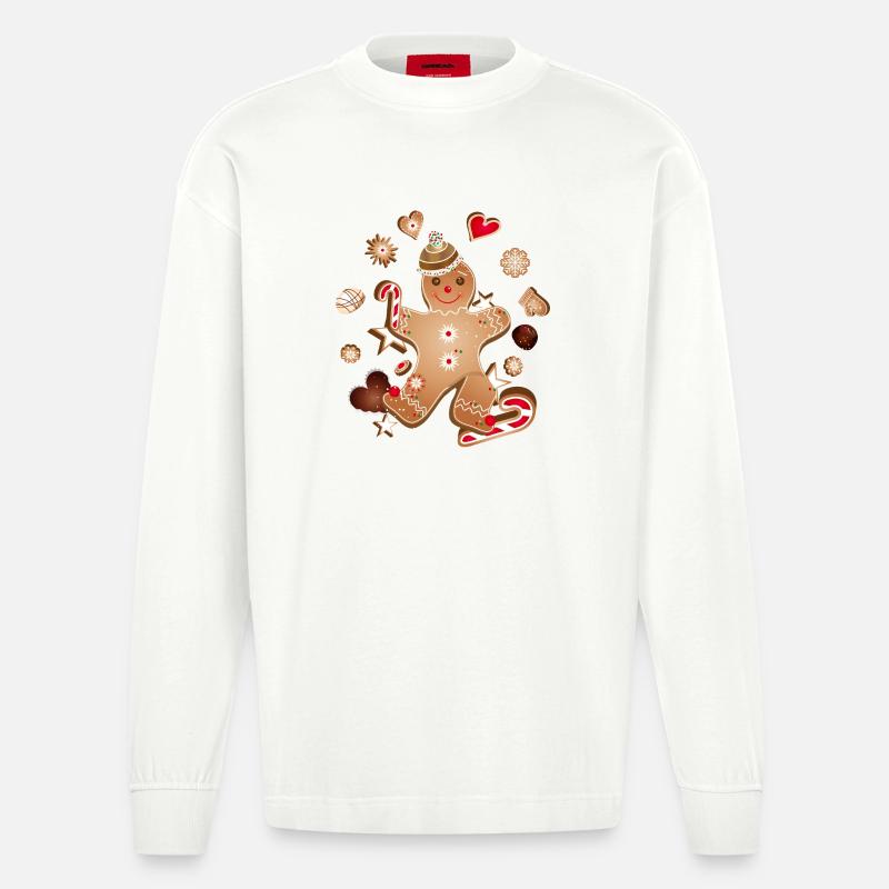 Fröhlicher Lebkuchenmann mit Weihnachtsplätzchen - Heavyweight Oversized Organic Langarmshirt Made in EU - OFF WHITE
