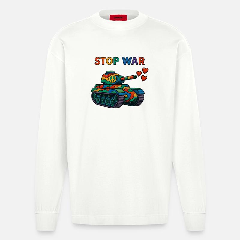 Regenbogen Panzer mit Peace-Zeichen – STOP WAR - Heavyweight Oversized Organic Langarmshirt Made in EU - OFF WHITE