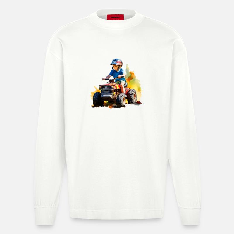 Junge auf Spielzeugtraktor mit Farbspritzer - Heavyweight Oversized Organic Langarmshirt Made in EU - OFF WHITE