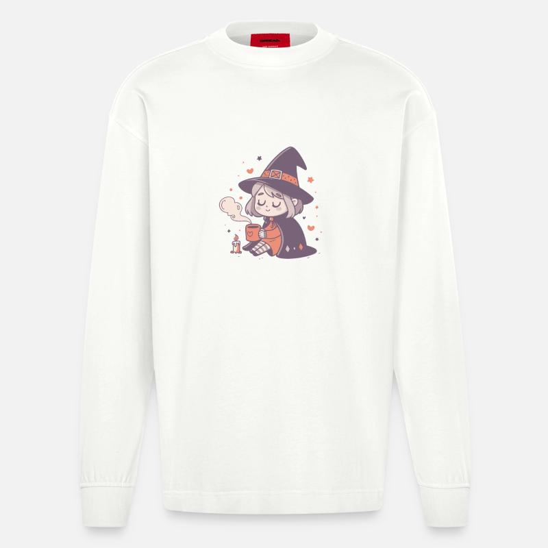 Gemütliche Hexe mit heißem Becher - Heavyweight Oversized Organic Langarmshirt Made in EU - OFF WHITE