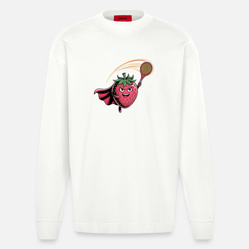 Erdbeere Superheld Tennis Smash mit Schläger - Heavyweight Oversized Organic Langarmshirt Made in EU - OFF WHITE