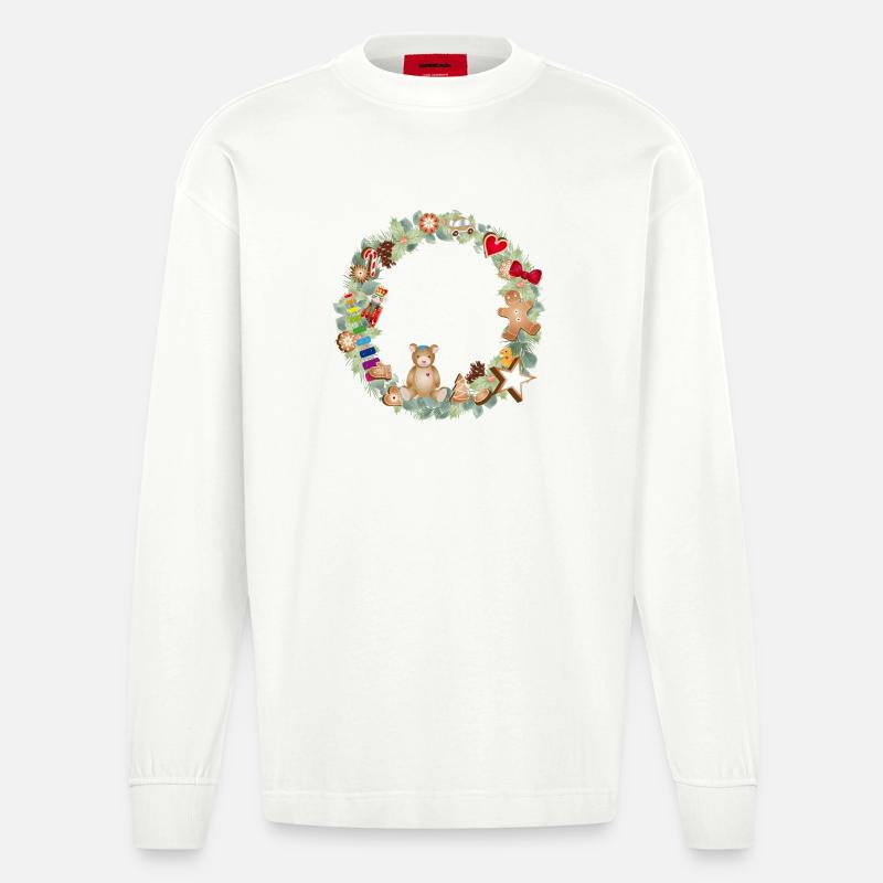 Bunter Weihnachtskranz mit Spielzeug und Lebkuchen - Heavyweight Oversized Organic Langarmshirt Made in EU - OFF WHITE
