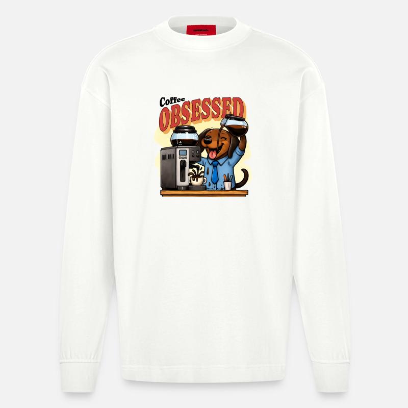 Café Teckel Obsessed Humour - Manches longues bio épais oversize fabriqué en UE - OFF WHITE