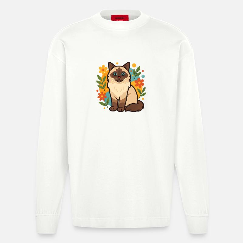 Chat Ragdoll avec cercle de fleurs - Manches longues bio épais oversize fabriqué en UE - OFF WHITE