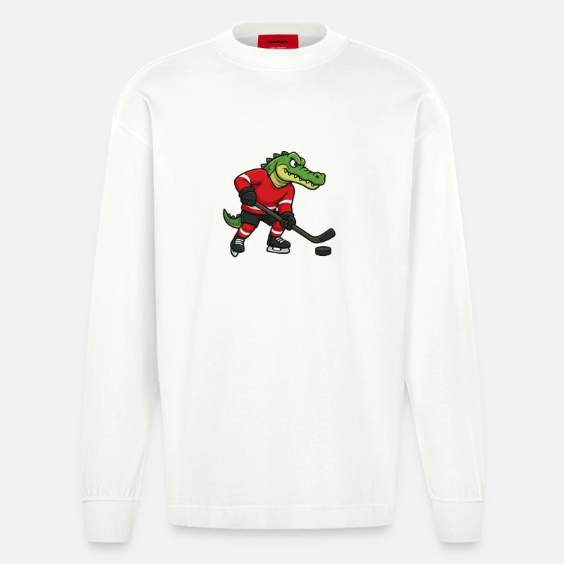 Krokodil Eishockeyheld - Heavyweight Oversized Organic Langarmshirt Made in EU - OFF WHITE