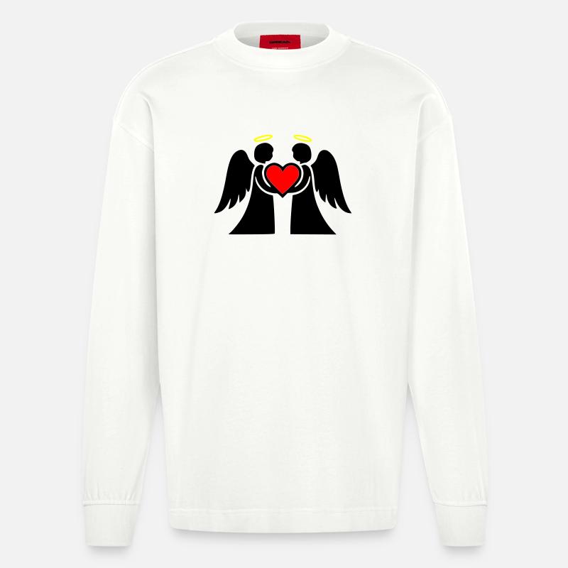 Engel Paar mit Herz Piktogramm - Heavyweight Oversized Organic Langarmshirt Made in EU - OFF WHITE