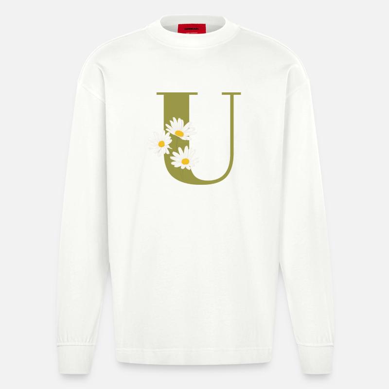 Grüne Gänseblümchen u Buchstabe - Heavyweight Oversized Organic Langarmshirt Made in EU - OFF WHITE