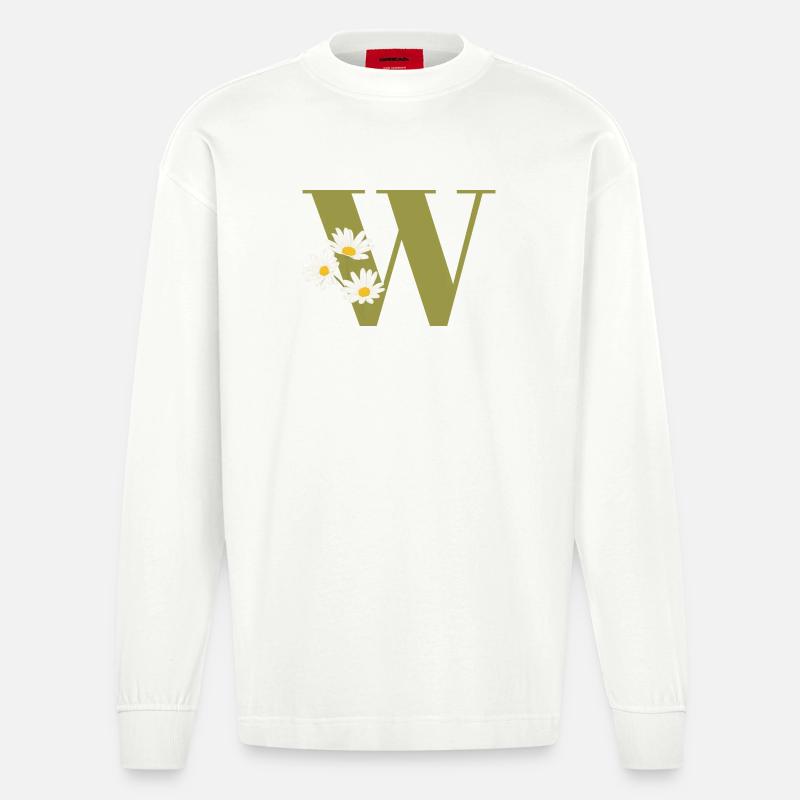 Buchstabe w Grüne Gänseblümchen - Heavyweight Oversized Organic Langarmshirt Made in EU - OFF WHITE