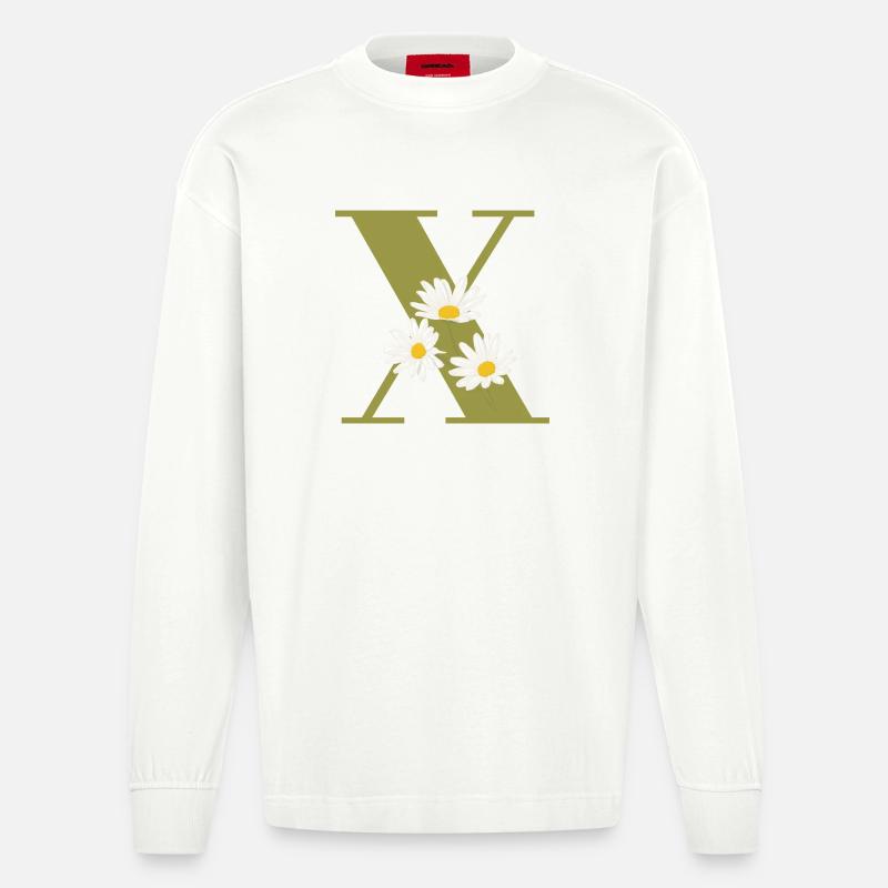 Buchstabe x Grüne Gänseblümchen - Heavyweight Oversized Organic Langarmshirt Made in EU - OFF WHITE