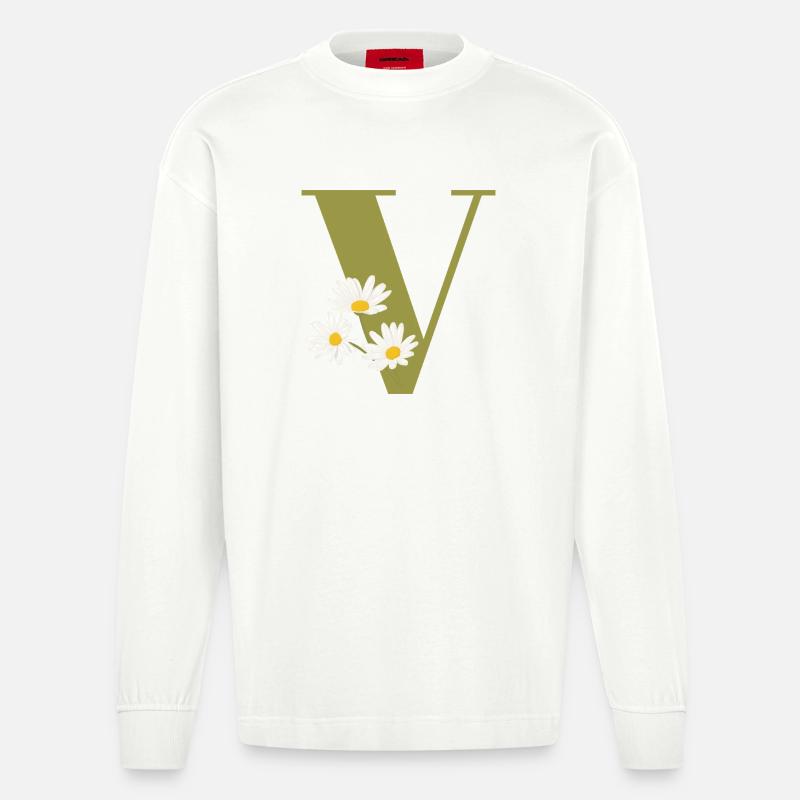 Buchstabe v grüne Gänseblümchen - Heavyweight Oversized Organic Langarmshirt Made in EU - OFF WHITE
