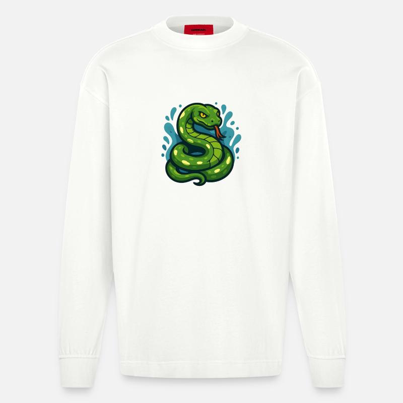 Green Tree Python Snake in Wave - Heavyweight Oversized Organic Longsleeve Shirt Made in EU - OFF WHITE