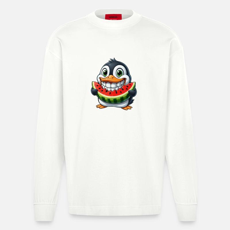 Pingouin joyeux avec pastèque fruit d’été - Manches longues bio épais oversize fabriqué en UE - OFF WHITE