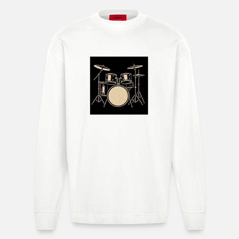 Schwarzsilbernes Drumset Illustration - Heavyweight Oversized Organic Langarmshirt Made in EU - OFF WHITE