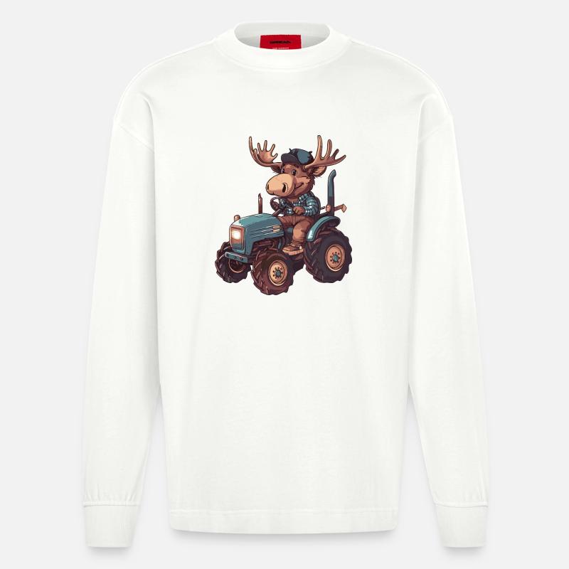 Elch Traktor Farmer - Heavyweight Oversized Organic Langarmshirt Made in EU - OFF WHITE