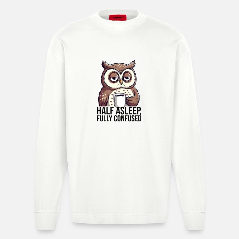 Kaffee Eule im Morgenrausch - Heavyweight Oversized Organic Langarmshirt Made in EU - OFF WHITE