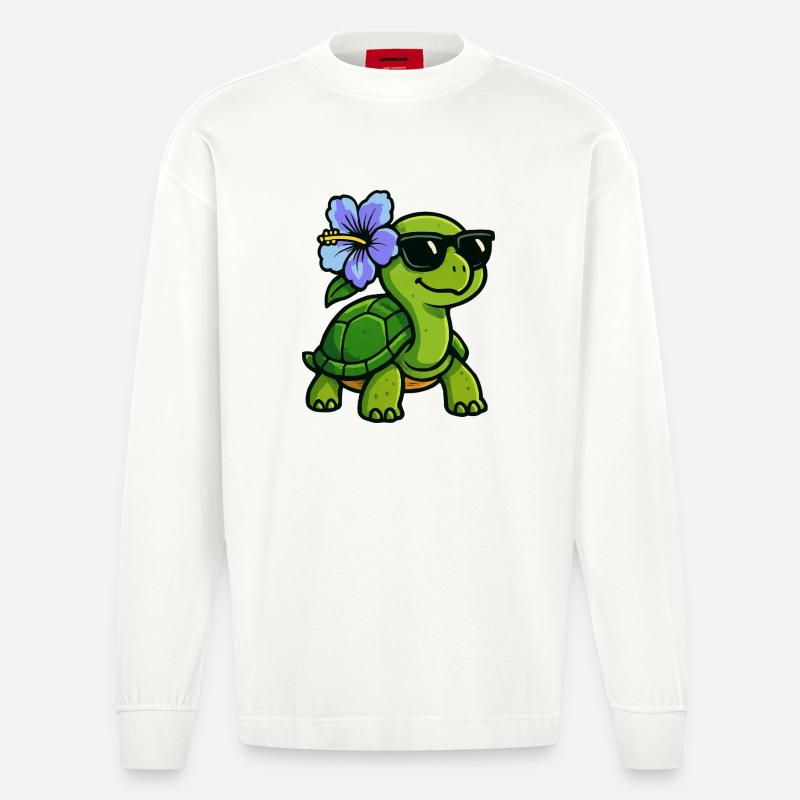Tortue avec fleur d’hibiscus - Manches longues bio épais oversize fabriqué en UE - OFF WHITE