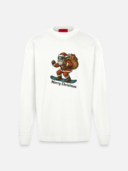 Santa Snowboard Merry Christmas - Heavyweight Oversized Organic Longsleeve Shirt Made in EU - OFF WHITE