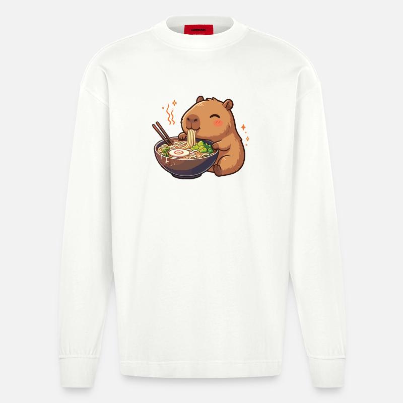 Capybara mit Nudeln Ramen kawaii Capybara - Heavyweight Oversized Organic Langarmshirt Made in EU - OFF WHITE