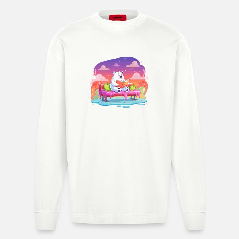 Lesender Eisbär im Farbtraum - Heavyweight Oversized Organic Langarmshirt Made in EU - OFF WHITE