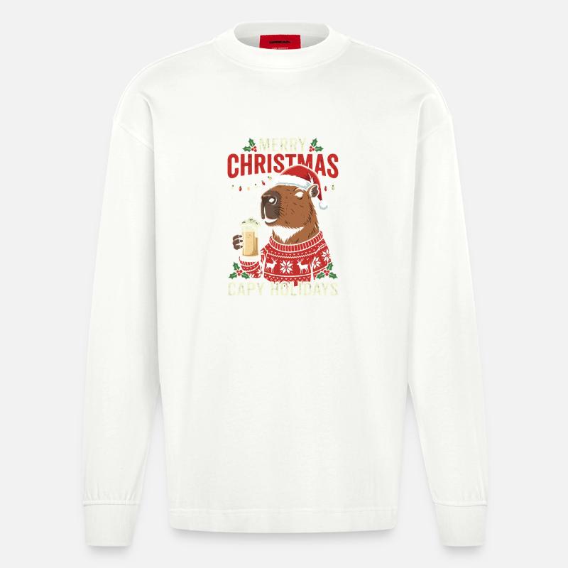 Capybaras Weihnachtsfest Pullover - Heavyweight Oversized Organic Langarmshirt Made in EU - OFF WHITE
