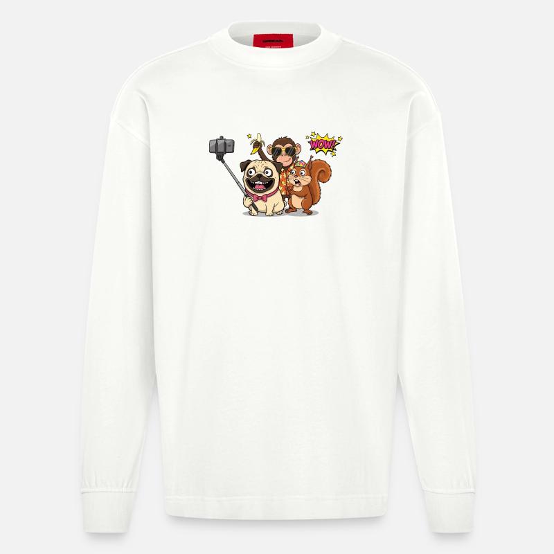 Équipe de selfies d’animaux avec banane - Manches longues bio épais oversize fabriqué en UE - OFF WHITE