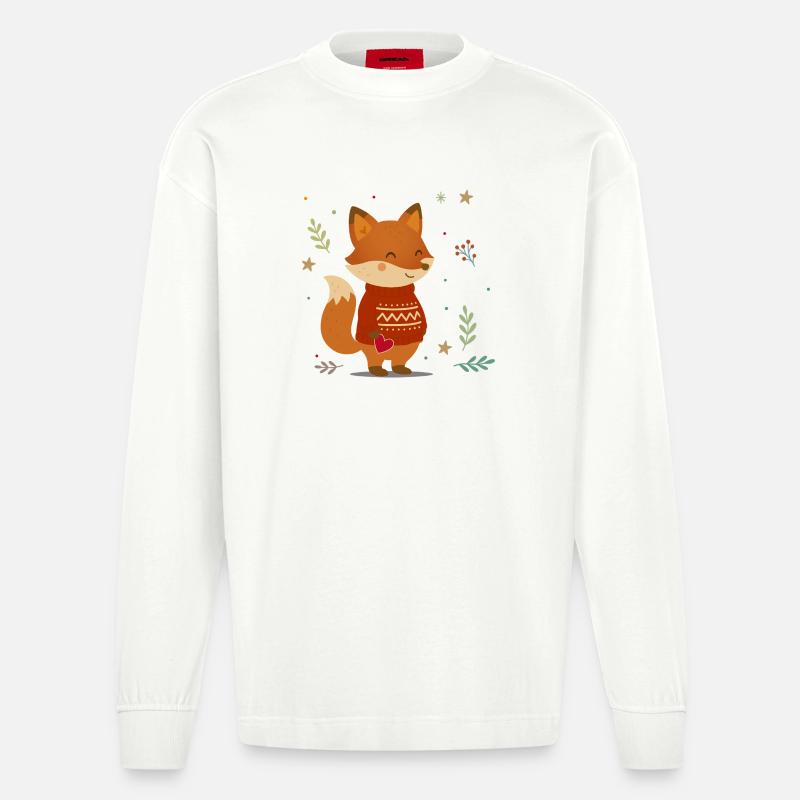 Süßer Fuchs im Pullover mit Herz - Heavyweight Oversized Organic Langarmshirt Made in EU - OFF WHITE