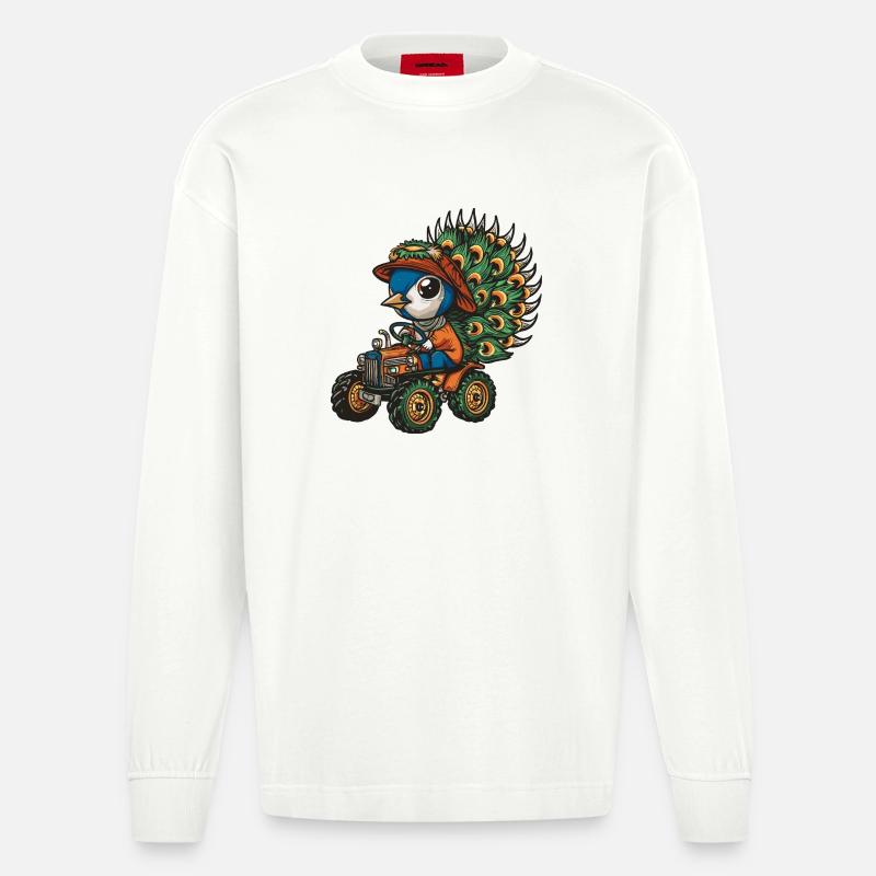 Pfau Vogel Traktor Farmer - Heavyweight Oversized Organic Langarmshirt Made in EU - OFF WHITE