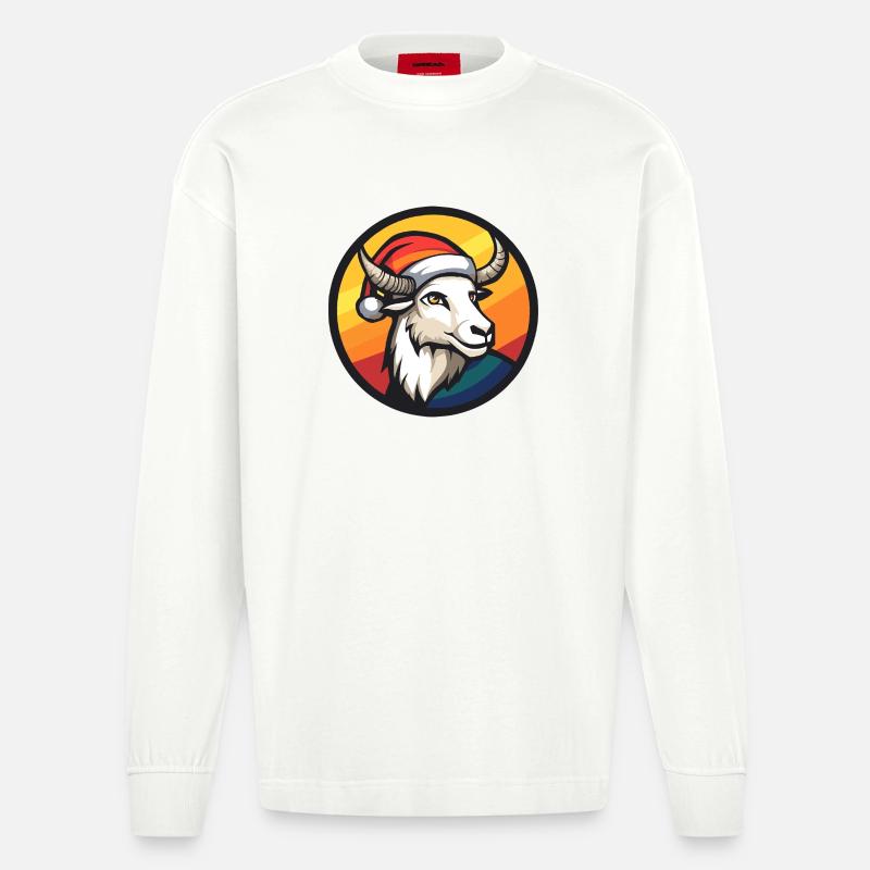 Bock mit Santa-Hut vor Regenbogen - Heavyweight Oversized Organic Langarmshirt Made in EU - OFF WHITE